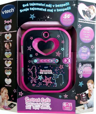 The image shows the Vtech Kidi Secret Safe diary in its retail packaging. The packaging is black with pink accents and features images of the product, its features, and children interacting with it.