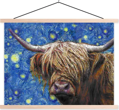 Produktbild von MuchoWow® Textilposter Van Gogh - Schottisches Hochlandrind - Sternennacht 40x30 cm mit holzfarbenen Rahmen - Bilder