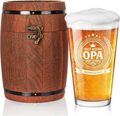 Obrázek produktu pro Dárková sada pro dědečka v dřevěné krabičce na sudy, bezolovnaté pivní sklo 480 ml, dárek pro dědečka
