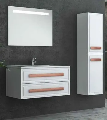 Produktbild von Casa Padrino Luxus Badezimmer Set Weiß / Bronze - 1 Waschtisch und 1 Waschbecken und 1 LED Wandspiegel und 1 Hängeschrank - Luxus Badezimmermöbel