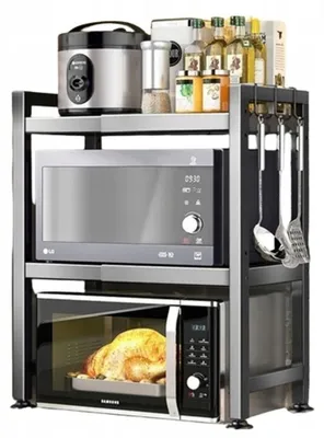 Zdjęcie produktu dla Półka na mikrofalówkę - Regulowana półka kuchenna - Dwupoziomowa - 6 haczyków - Stal węglowa - 40–64 cm - Oszczędza miejsce