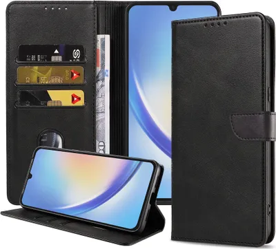 Zdjęcie produktu dla Etui na telefon Samsung Galaxy A34 5G ze sztucznej skóry z magnetyczną wargą i uchwytem na karty Etui z klapką - czarne - Smartphonics