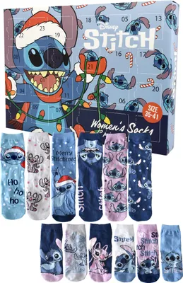Produktbild von Disney Lilo & Stitch Adventskalender mit 12 Paar Socken Größe 35-41 für Damen Weihnachtskalender mit Sneakers und langen Socken