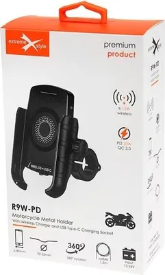 Imagen del producto de Soporte Para Moto Con Cargador Usb-C Inductivo, Carga Rápida Para Teléfonos Montados En El Manillar O Los Espejos. Tipo: R9W-P