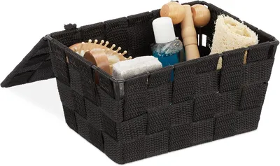 Image de Panier de rangement avec couvercle - Plastique - Panier pour salle de bain - Maquillage - 1,8 litre - 10,5 x 19,5 x 14,5 cm - Noir