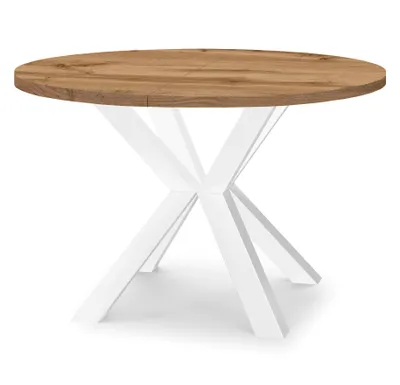 Image de Table ronde à rallonges pour salle à manger RAL avec pieds en bois, style loft, industriel, diamètre : 120 / 220 cm, couleur : chêne Wotan / blanc