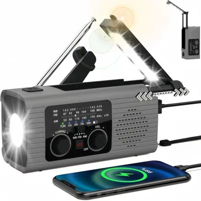 Produktbild von 4000-mAh Solar Radio, Kurbelradio mit LED-Beleuchtung, AM/FM Radio, USB-C, Powerbank-Funktion, Notfallradio, Alarmanlage, 3-Wege-Aufladung