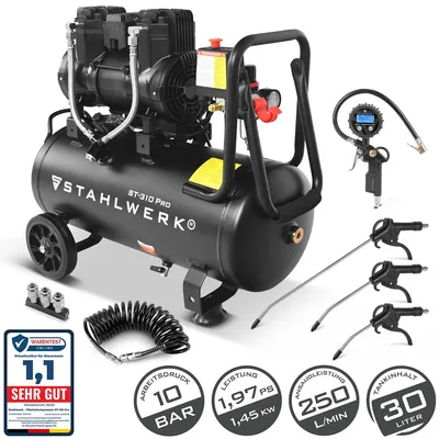 Produktbild von STAHLWERK Kompressor mit 30 L Tank (ST-310 Pro) mit Zubehör – ölfrei, 10 bar, Druckluftkompressor mit Brushless-Motoren, 1,97 PS, 1,45 kW, 250 l/min
