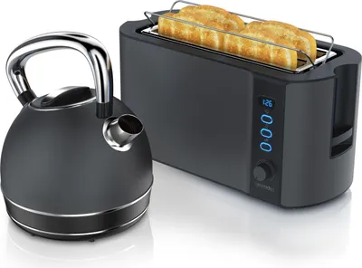 Produktbild von Arendo Frühstücks-Set, Wasserkocher Edelstahl 1,7l, 4 Scheiben Langschlitztoaster, 4 Scheiben Toaster, Frühstücksset, Wasserkocher Retro, 2200W, Brötchenaufsatz, Cool Grey