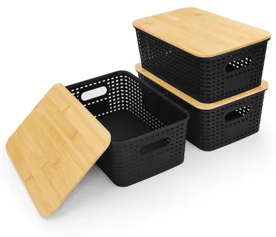 Image de Boîte de rangement avec couvercle en bambou - 3 pièces - 5 L - Organisateur de salle de bain - Boîtes de rangement en plastique - 25,5 x 15,7 x 10,5 cm - Empilable - Panier de rangement