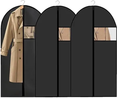 Immagine prodotto di Set da 3 contenitori traspiranti per grucce, contenitori in tessuto traspirante per la conservazione 60 x 140 cm, contenitori traspiranti per grucce con finestra trasparente, cerniera nera, per abiti da sera, cappotti, camicie