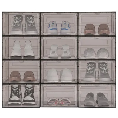 Image de 12 boîtes de rangement pour chaussures, boîtes à chaussures empilables, présentoirs à chaussures, noir et marron