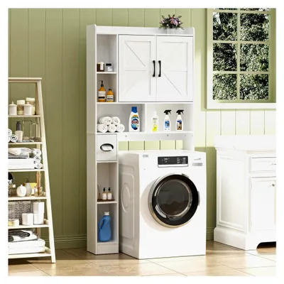 Produktbild von Waschmaschinenschrank mit 2 Türen, verstellbaren Ablagen und 6 offenen Fächern, für Badezimmer, Toilette und Waschküche, Weiß