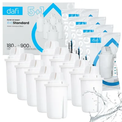 A product shot of Dafi water filter cartridges and their packaging.