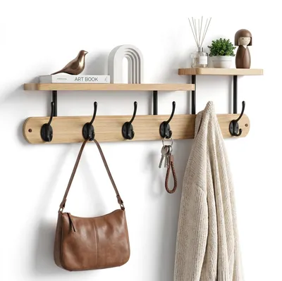 Image de Porte-manteau avec étagère, porte-manteau en bois avec 6 crochets, idéal pour l'entrée et la chambre