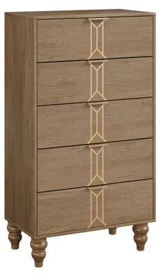 Produktbild von Hohe Kommode 5 Schubladen mit goldenen Griffen – Moderne Wäschekommode (Eiche / Gold) für Schlafzimmer & Flur