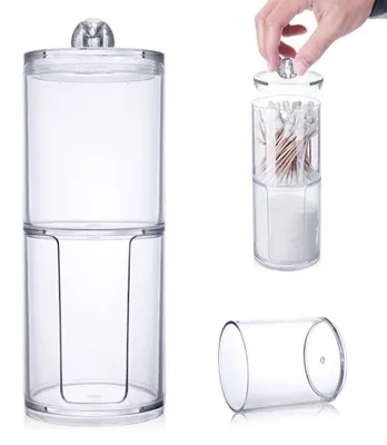 Productafbeelding van Decopatent® Ronde Wattenschijfjes & Staafjes Organizer met 2 Vakken - Makeup Organizer Transparant - Wattenstaafjes en Oorstokjes opbergen - Make-up -