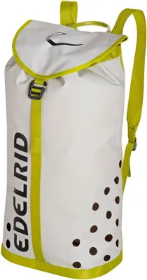Multifunktionaler Rucksack "Canyoneer Bag 45" von Edelrid in Weiß mit gelben Akzenten und Belüftungslöchern.