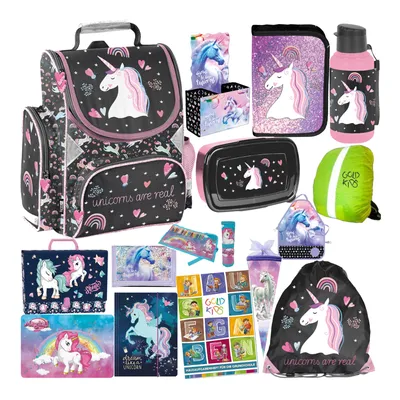 Produktbild von Goldkids Schulranzen für Jungen und Mädchen, 15er-Set - Schul-Rucksack für Kinder mit Federmäppchen - Schuhbeutel Trinkflasche und Brotdose - Einhorn