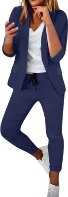 Produktbild von ASKSA Damen Mittellangen aermel Hosenanzug Elegant Business Anzug Set Freizeitanzug, Dunkelblau, Groesse: M