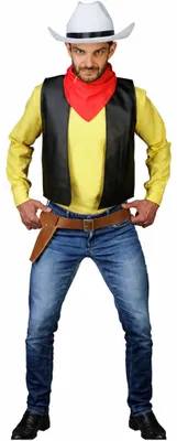Ganzkörperansicht des Lucky-Luke-Kostüms für Herren mit weißem Cowboyhut, rotem Halstuch, schwarzer Weste und Holster.
