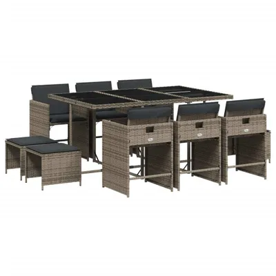 Produktbild von vidaXL 11-tlg. Garten-Essgruppe mit Kissen Grau Poly Rattan