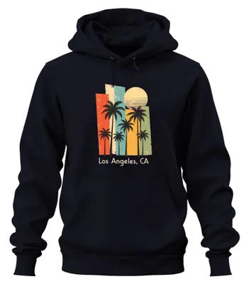 Immagine prodotto di Los Angeles, California. Felpa con cappuccio "Palmen Kalifornien Retro California Sunset", colore blu navy, taglia M
