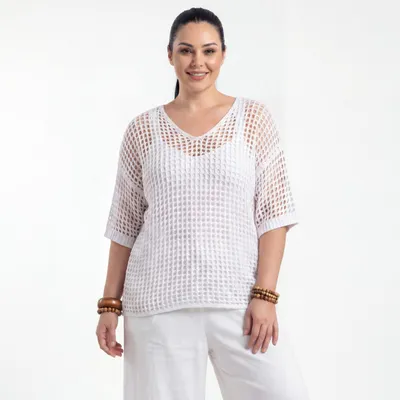 Produktbild von Häkel Shirt Damen Sommer Oberteil Lochstrick 40 42 44 46 Oversize Pullover