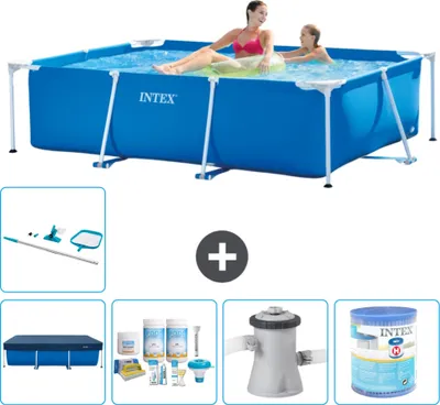 Produktbild von Intex-Schwimmbecken mit rechteckigem Rahmen – 220 x 150 x 60 cm – Blau – im Lieferumfang enthalten Abdeckung - Wartungspaket - Filterpumpe für Schwimmbad - Filter - Reinigungskit