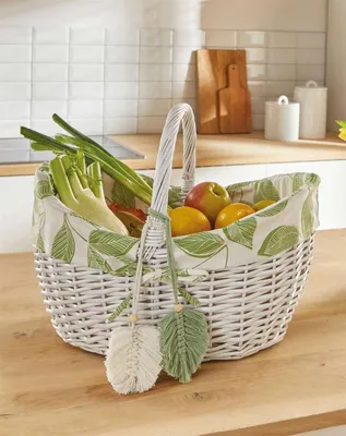 Produktbild von Einkaufskorb "Blätter" aus Weide geflochten, weiß, Picknickkorb mit Stoffeinlage, Weidenkorb groß, Flechtkorb