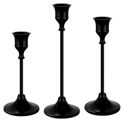 Produktbild von Kerzenständer Schwarz 3er Set, Stabkerzenhalter 22/19/16cm, Metall Kegelkerzenleuchter Vintage Dekoration, Kerzenhalter für Hochzeit und Partys