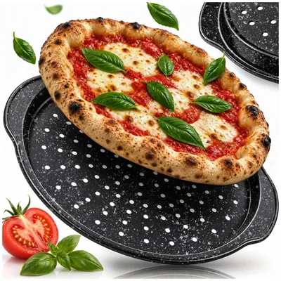 Obrázek produktu pro Kuketo | Perforovaný plech na pizzu 31 cm – 37 cm s úchyty – nepřilnavý povrch – černý kropenatý