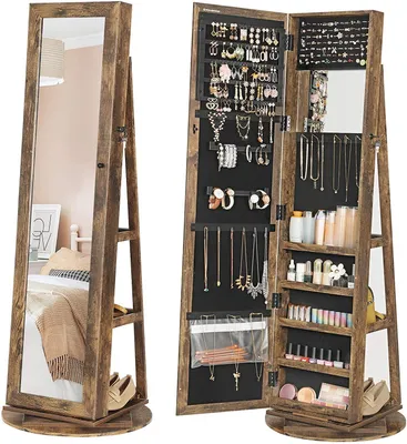Image de Armoire miroir décorative, rotative à 360°, verrouillable, avec étagères, couleur marron vintage, dimensions : 54 x 54 x 161 cm