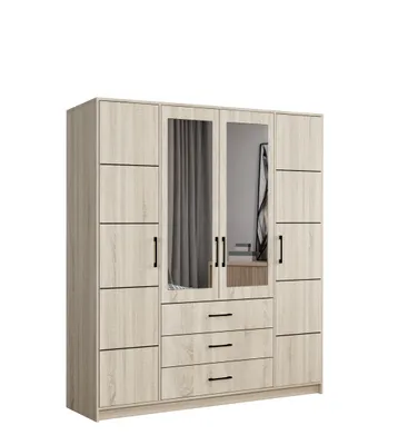 Produktbild von Drehtürenschrank Kleiderschrank 200 cm breit mit Spiegeln, 3 Schubladen und dekorativen streifen – Sonoma mit schwarzen Griffen