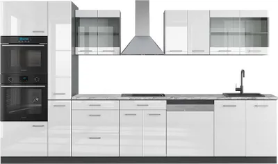 Produktbild von Küchenzeile Vicco R-Line Weiß Hochglanz/Anthrazit 350 cm mit Hochschrank, AP Marmor, Model 49831