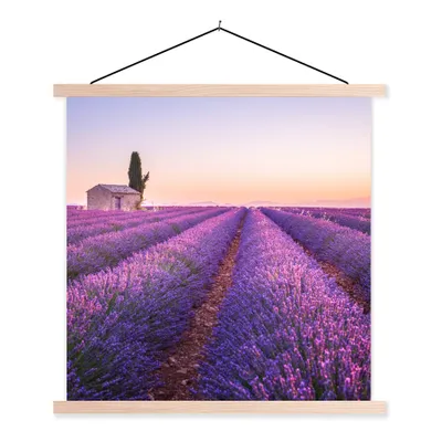 Produktbild von MuchoWow® Textilposter Lavendel - Sonnenuntergang - Lila - Blumen 40x40 cm mit holzfarbenen Rahmen - Posterleiste