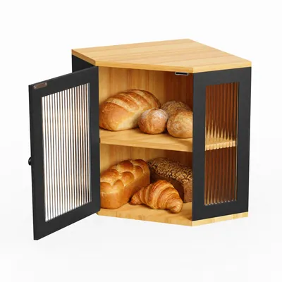 Produktbild von Bambus Brotkasten 2-stöckig mit Sichtfenster Großer Brotkasten für Küchenarbeitsplatte Brotbox Aufbewahrung für Brot Brötchen Kuchen & Gewürze