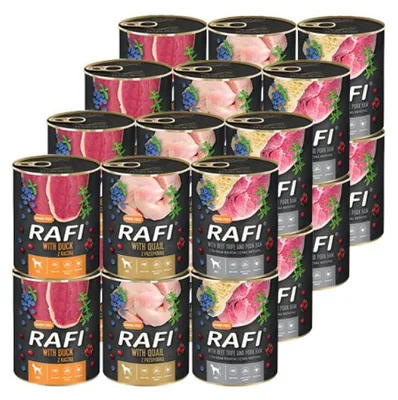 Zdjęcie produktu dla Rafi Mokra Karma dla Dorosłych Psów 3 Smaki Puszka Zestaw 24 x 400 g