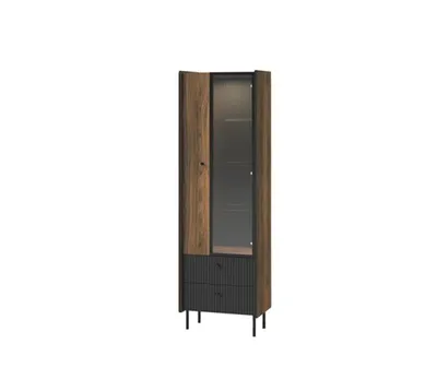 Produktbild von Vitrine PRESTON, Vitrinenschrank mit Glastür und 2 Schubladen, Wohnzimmervitrine, Modernes Design mit Lamellenfront, Warmia Nussbaum Schwarz