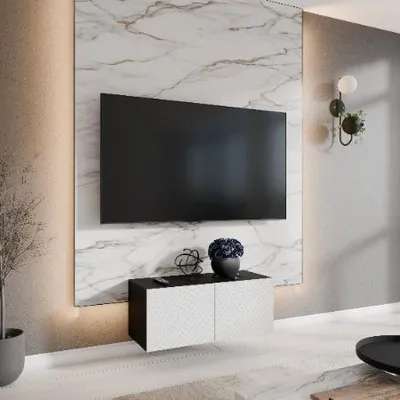 Image de Margaret Hadas24 Meuble TV Kaja Meuble TV bas 100 cm À suspendre Design moderne Salon Montage mural, Meuble TV noir, blanc