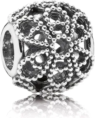 A close-up studio shot of a silver Pandora charm with an openwork rose design.