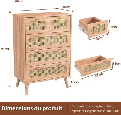 Produktbild von Schlafzimmerkommode - Schubladenschrank - 5 Schubladen - 60 cm Breit - Modernes Design - Selbstmontage - Holzoptik