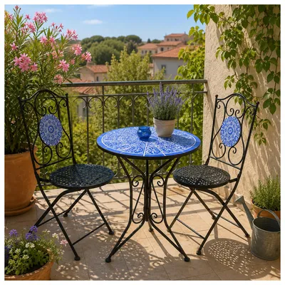 Produktbild von Sitzgruppe Metall schwarz Mosaik Tisch mit 2 Stühlen Balkon Set mit Motiv