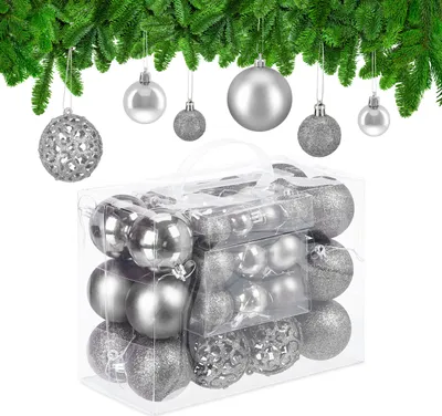 Produktbild von Relaxdays Weihnachtskugeln 50er Set, glitzernde, matte & glänzende Christbaumkugeln, Kunststoff, ∅ 3, 4 & 6 cm, silber