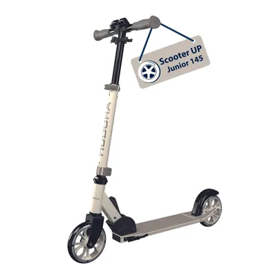 A white scooter with a tag attached to the handlebars.