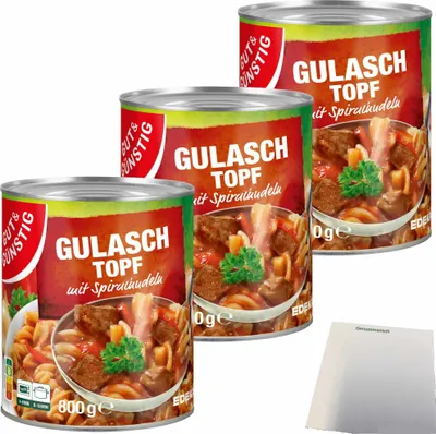 Produktbild von Gut & Günstig Gulaschtopf mit Spiralnudeln und würzigem Schweinefleisch 3er Pack (3x800g Dose) + usy Block
