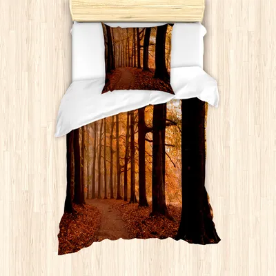 Produktbild von ABAKUHAUS Wald Bettbezug Set für Einzelbetten, Herbst Wandern verzaubert, Milbensicher Allergiker geeignet mit Kissenbezug, Dunkelorange Dunkelbraun Ringelblume