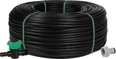 Produktbild von Schwarzer Tropfschlauch Rivulis HYDRO 16mm/0,30m/1,2l/h + Gardena Wasserhahnanschluss+Hahnanschluss+Ventil, 300m