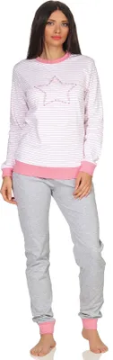 Produktbild von Damen Pyjama gestreift mit Bündchen Sterne Motiv - auch in Übergrößen - Kuschel Interlock  ; weiss , 48