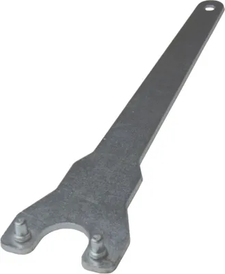 A metal wrench with two pins on a white background.